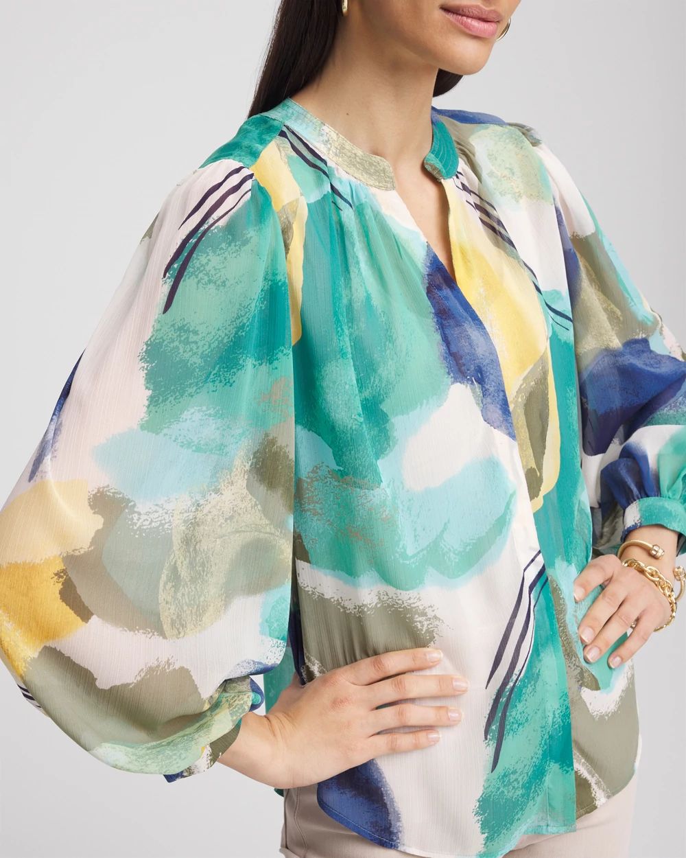 Collarless Long-Sleeved Blouse