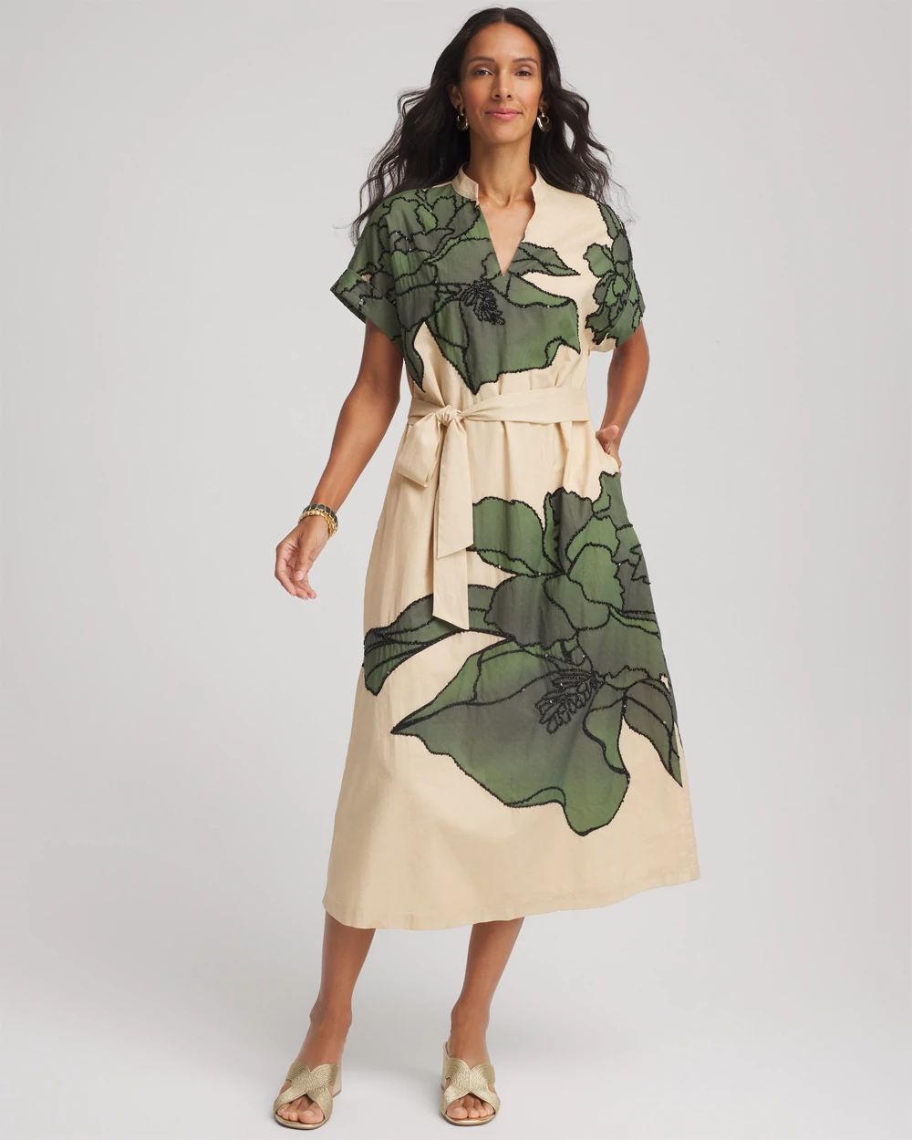 Printed Cotton-Voile Popover Midi Dress