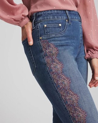 Lace Embroidered Pull-On Straight Jeans click to view larger image.