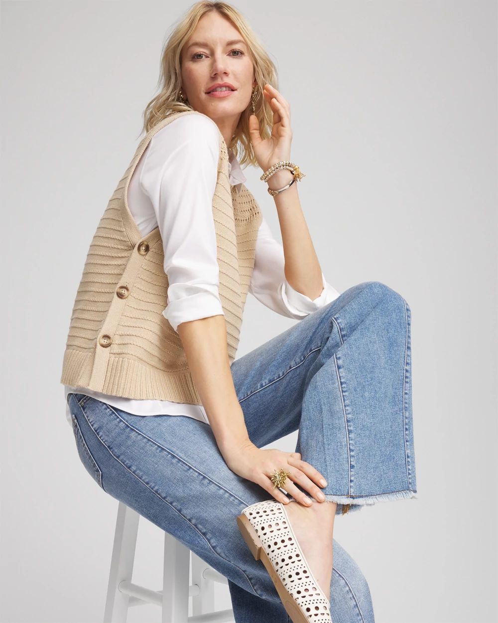 Pointelle Button Sweater Vest click to view larger image.