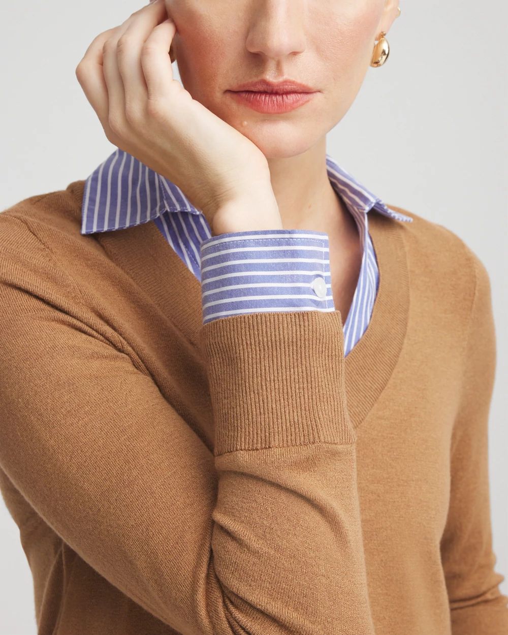 Camel Built-In Shirt Knit Sweater click to view larger image.