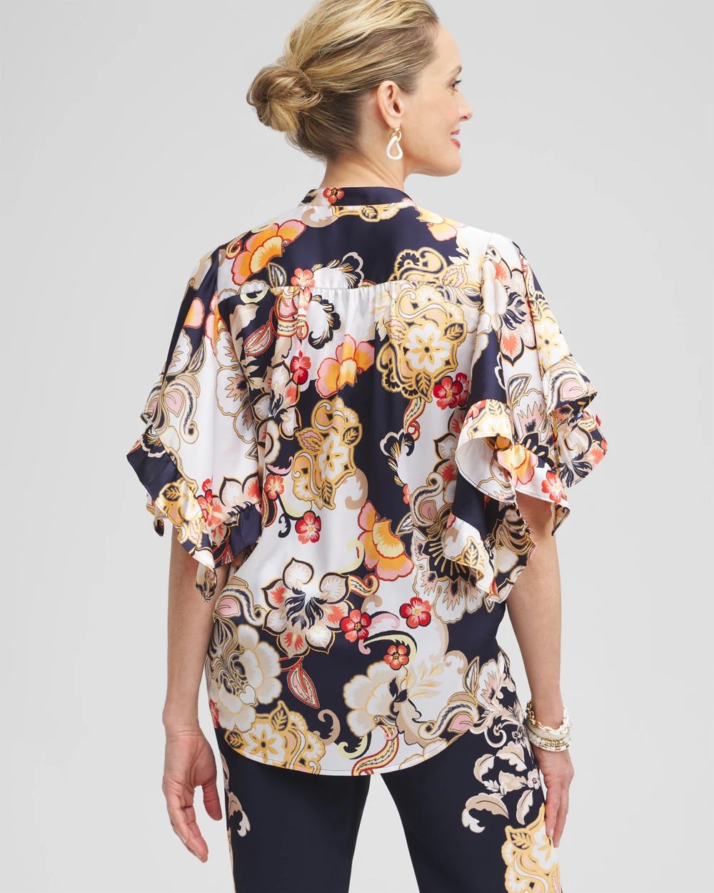 Satin Ruffle Sleeve Tie Front Shirt