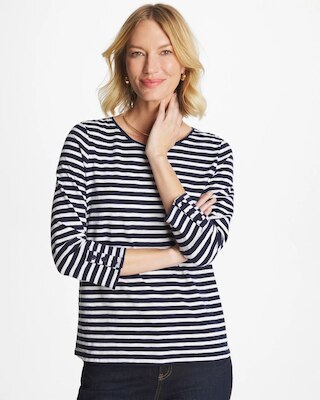 Striped Cotton Slub 3/4 Sleeve Button Tee