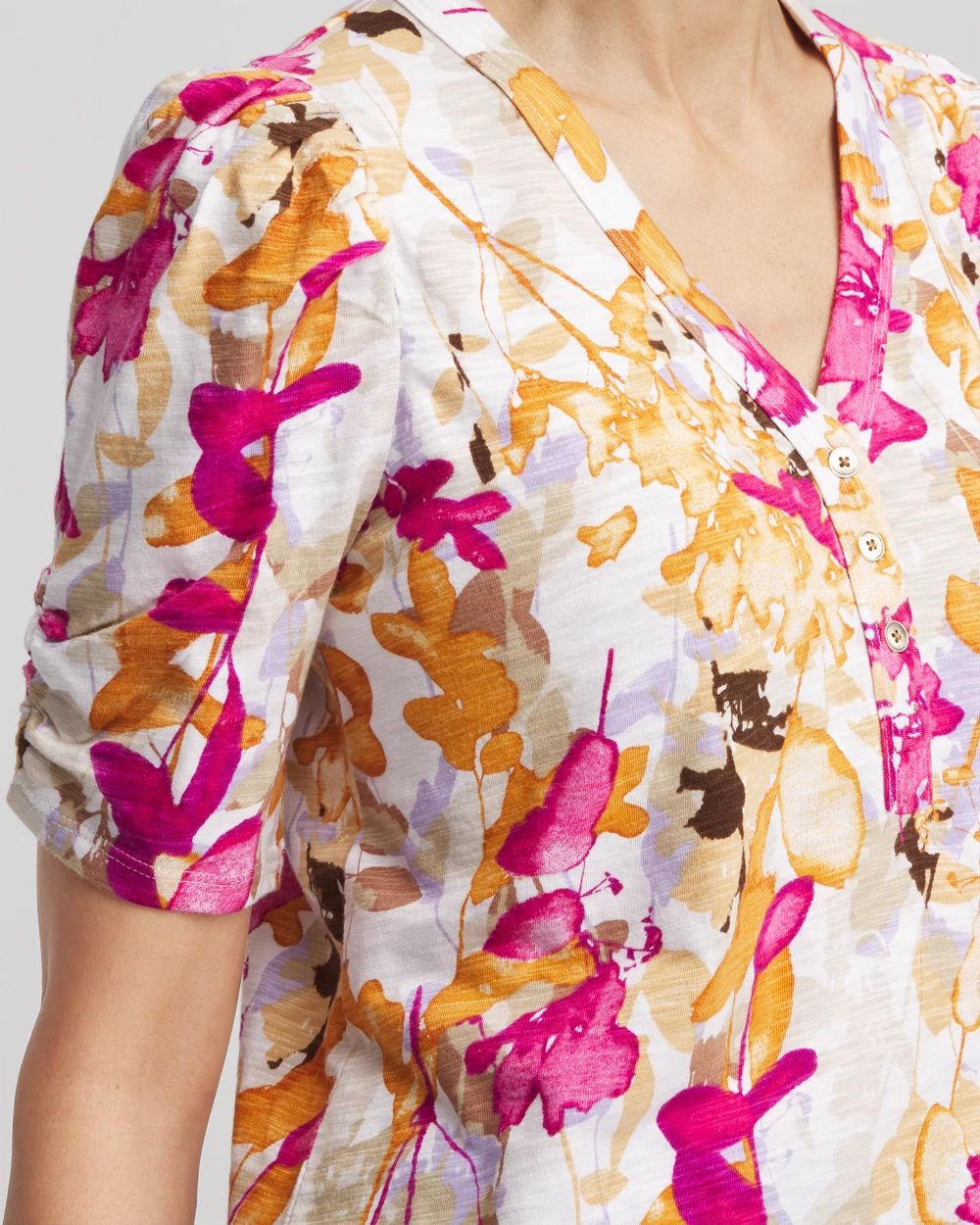 Floral Slub Split Neck Henley Tee