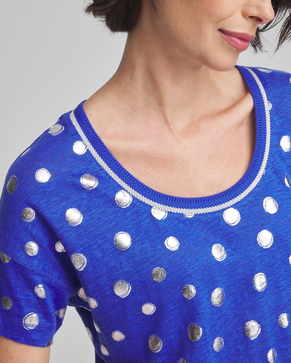 Foiled Polka-Dot Sweater-Trim Linen Tee