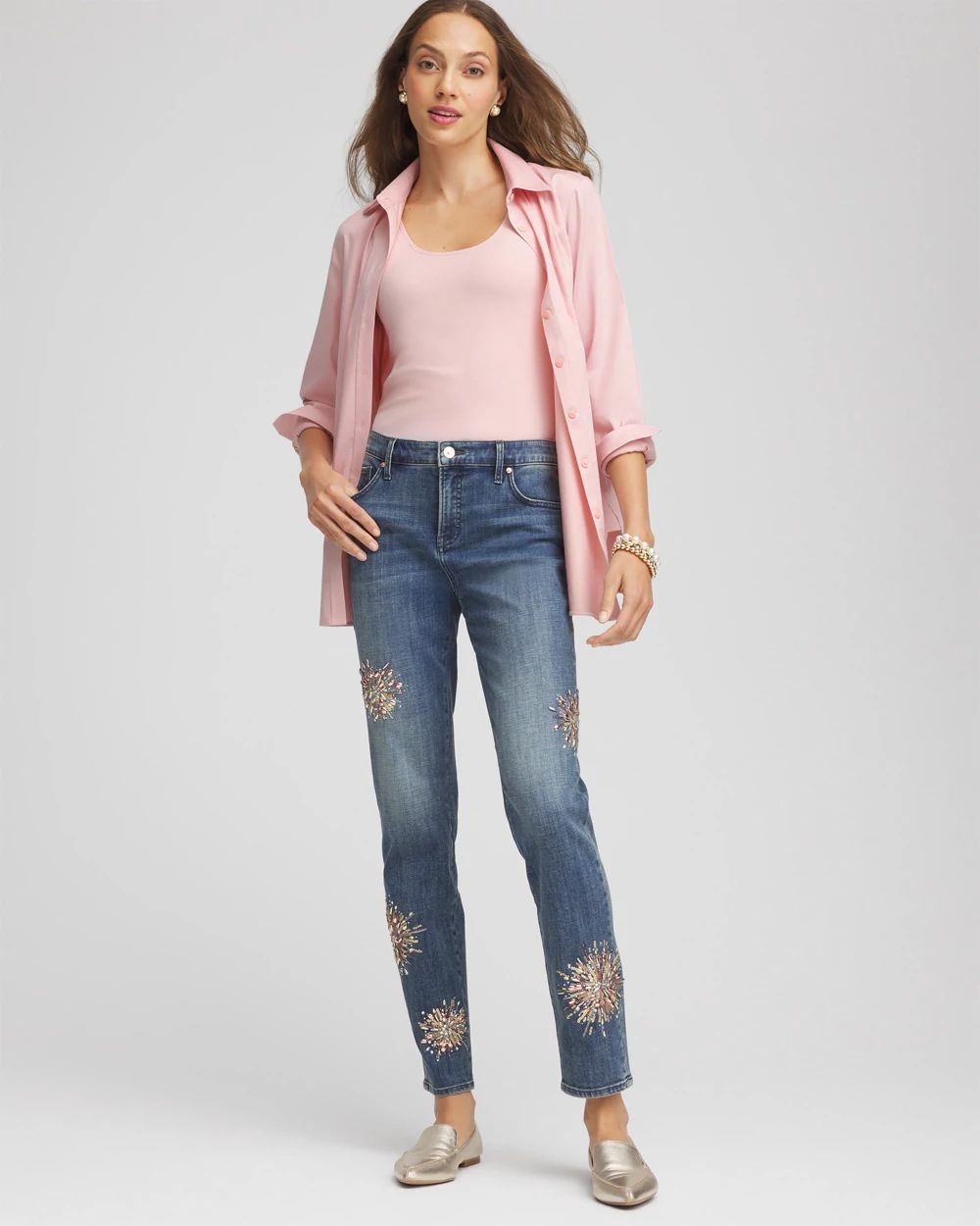 Embellished Starbursts Girlfriend Slim Ankle Jeans click to view larger image.