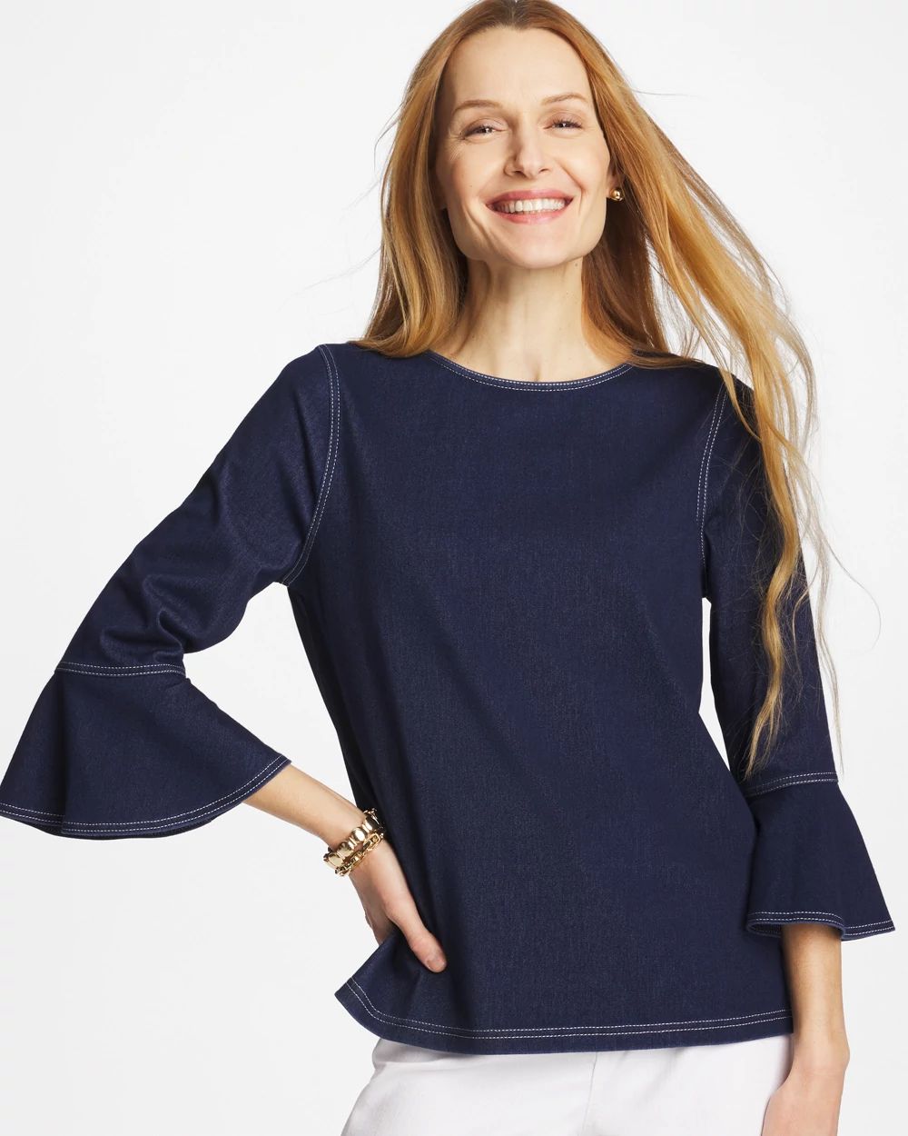 Indigo Denim Trumpet Sleeve Top