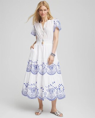 Petite Embroidered Smocked Waist Dress