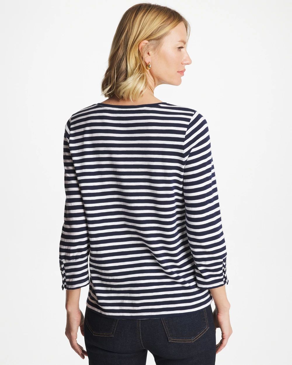 Striped Cotton Slub 3/4 Sleeve Button Tee