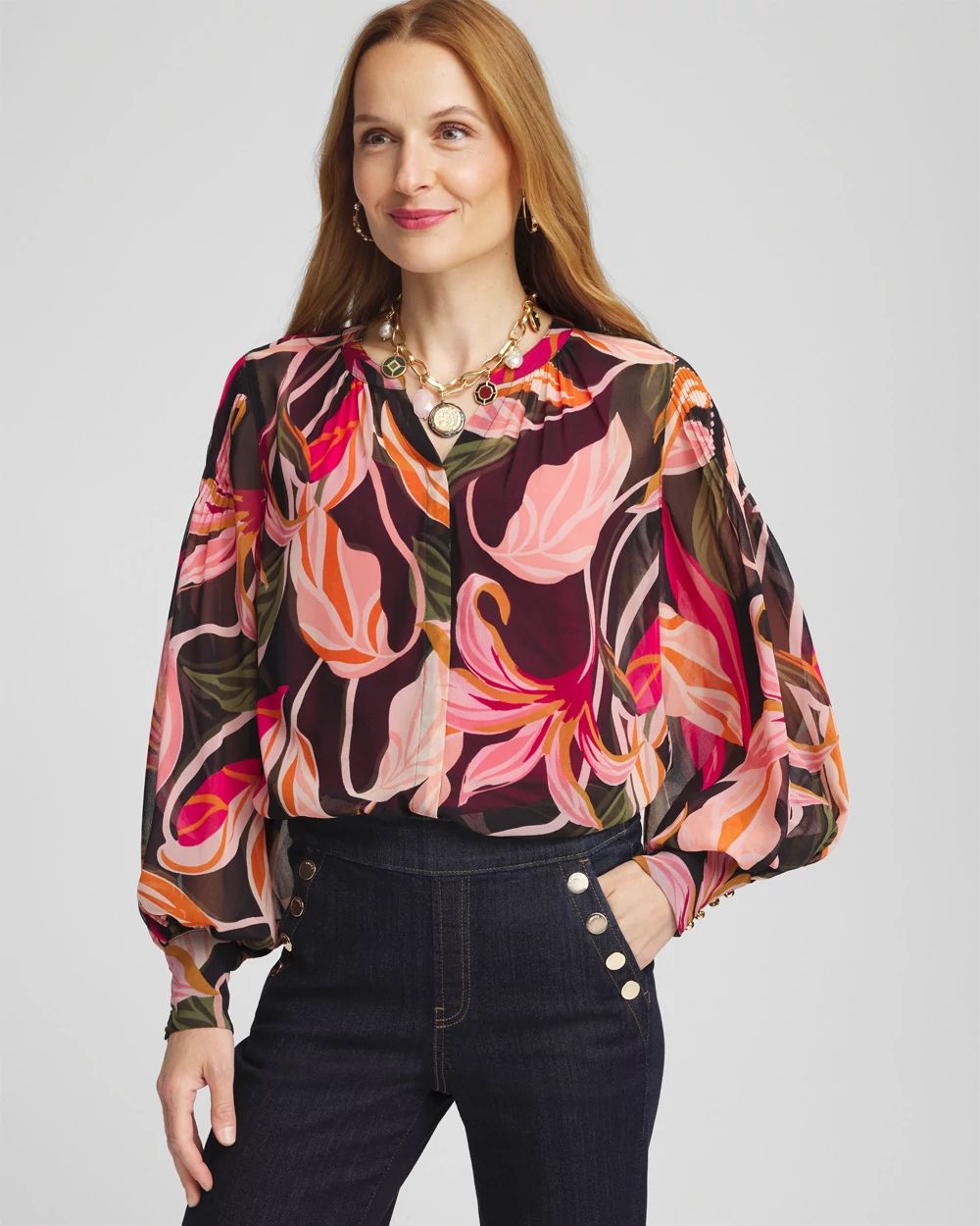 Pintuck Sleeve Orchid Print Blouse