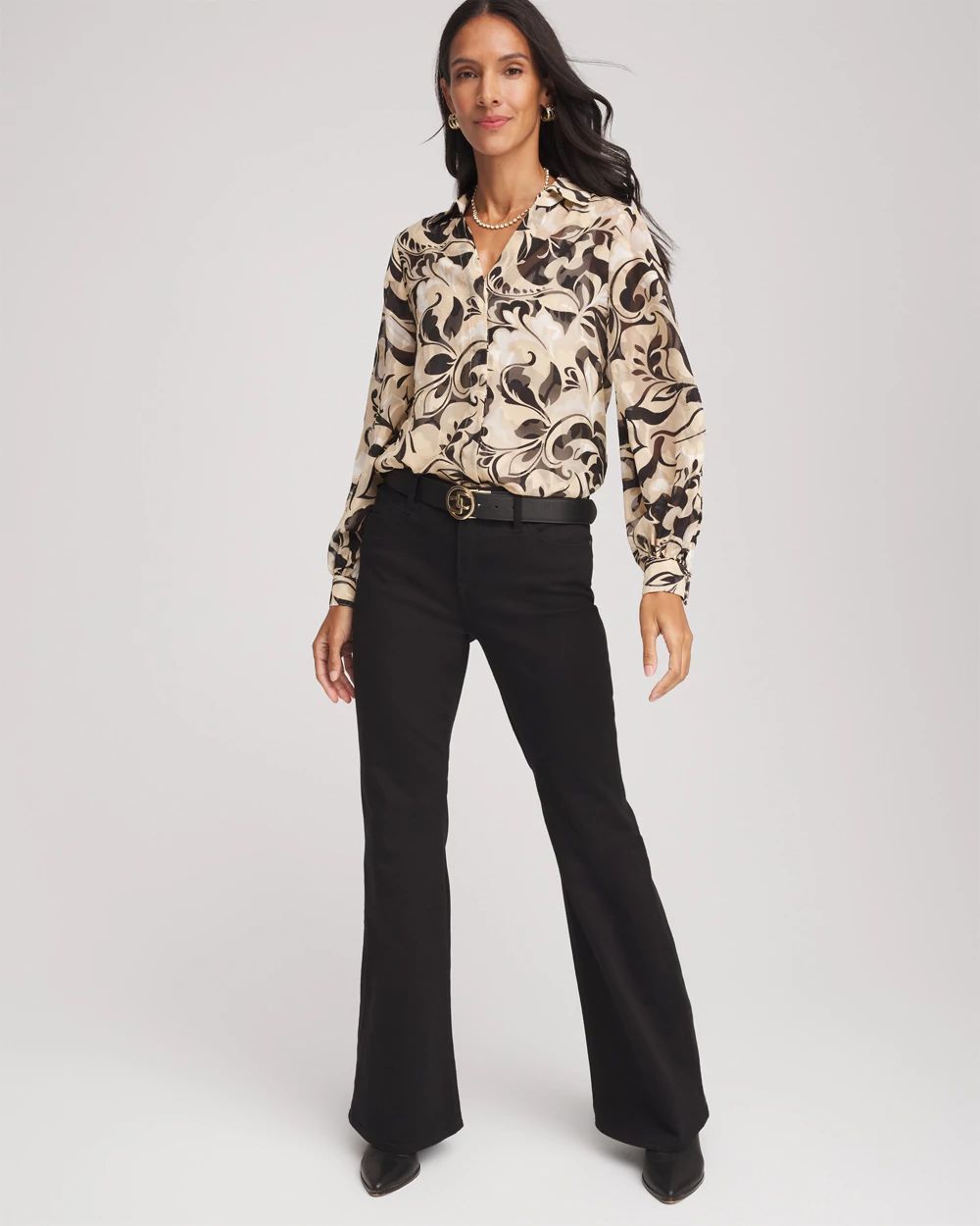 Floral Burnout Blouson-Sleeve Blouse click to view larger image.