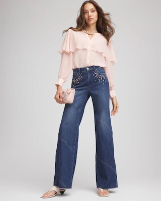 Embellished Frayed Flared-Leg Jeans click to view larger image.