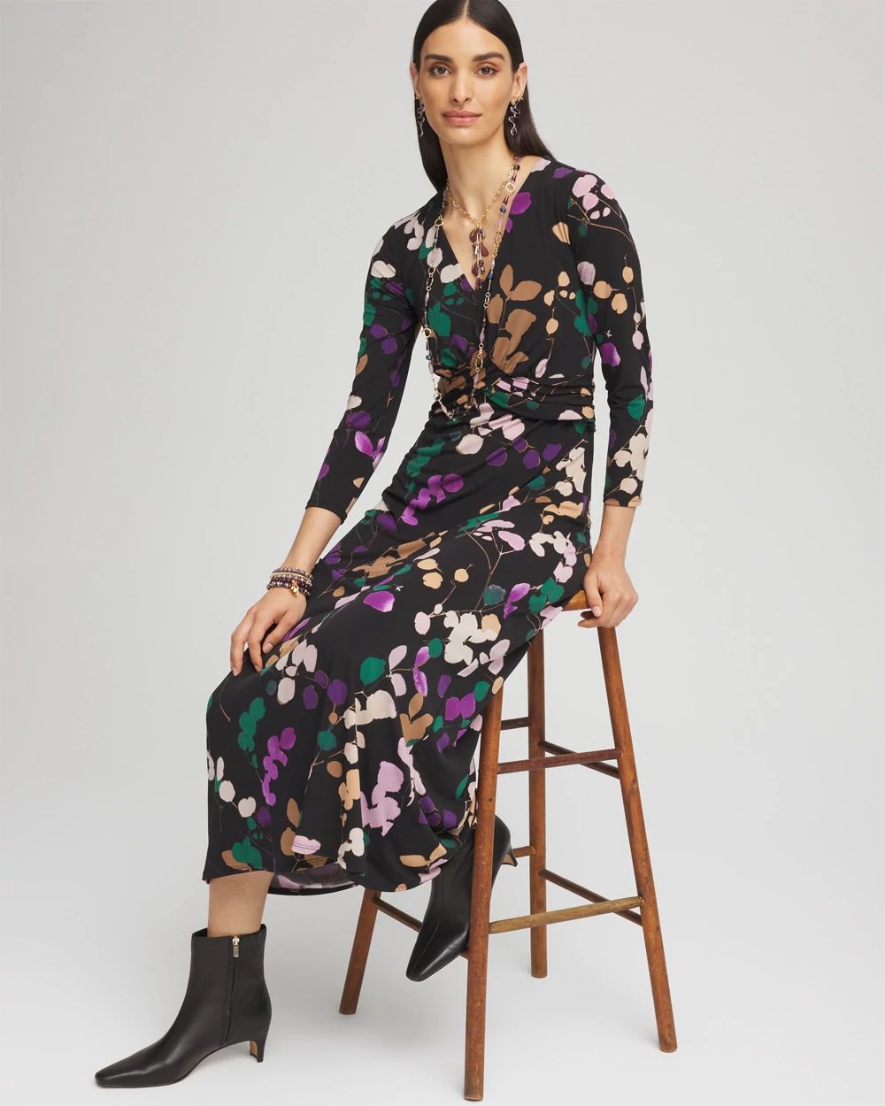 V-neck 3/4 Sleeve Floral Maxi Dress click to view larger image.