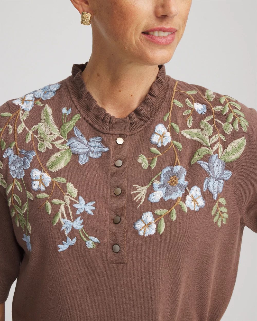 Embroidered Henley Pullover Sweater click to view larger image.