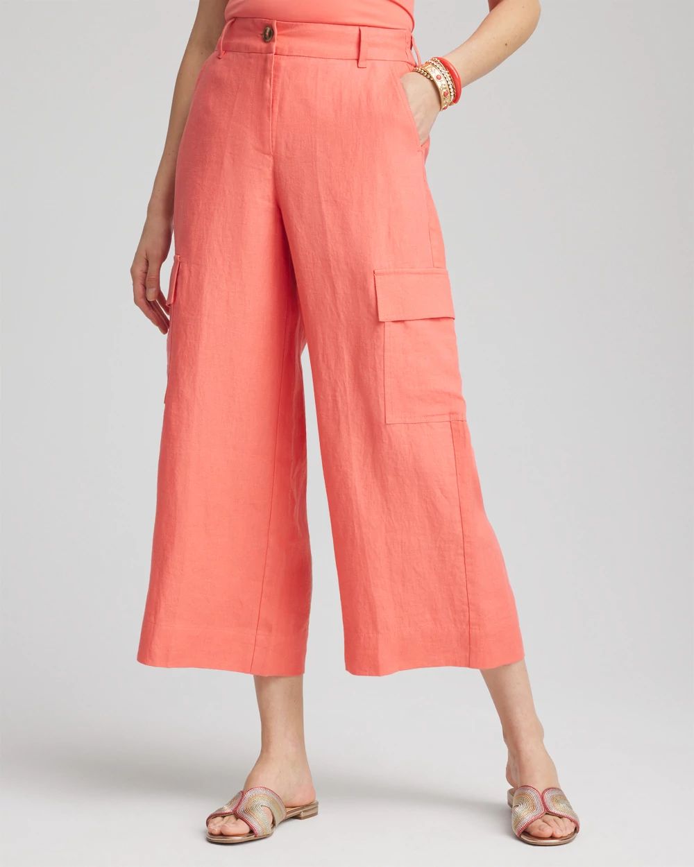 Linen Cargo Wide-Leg Cropped Pants