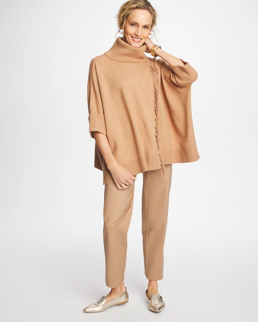 Cowlneck Knit Fringe Poncho click to view larger image.