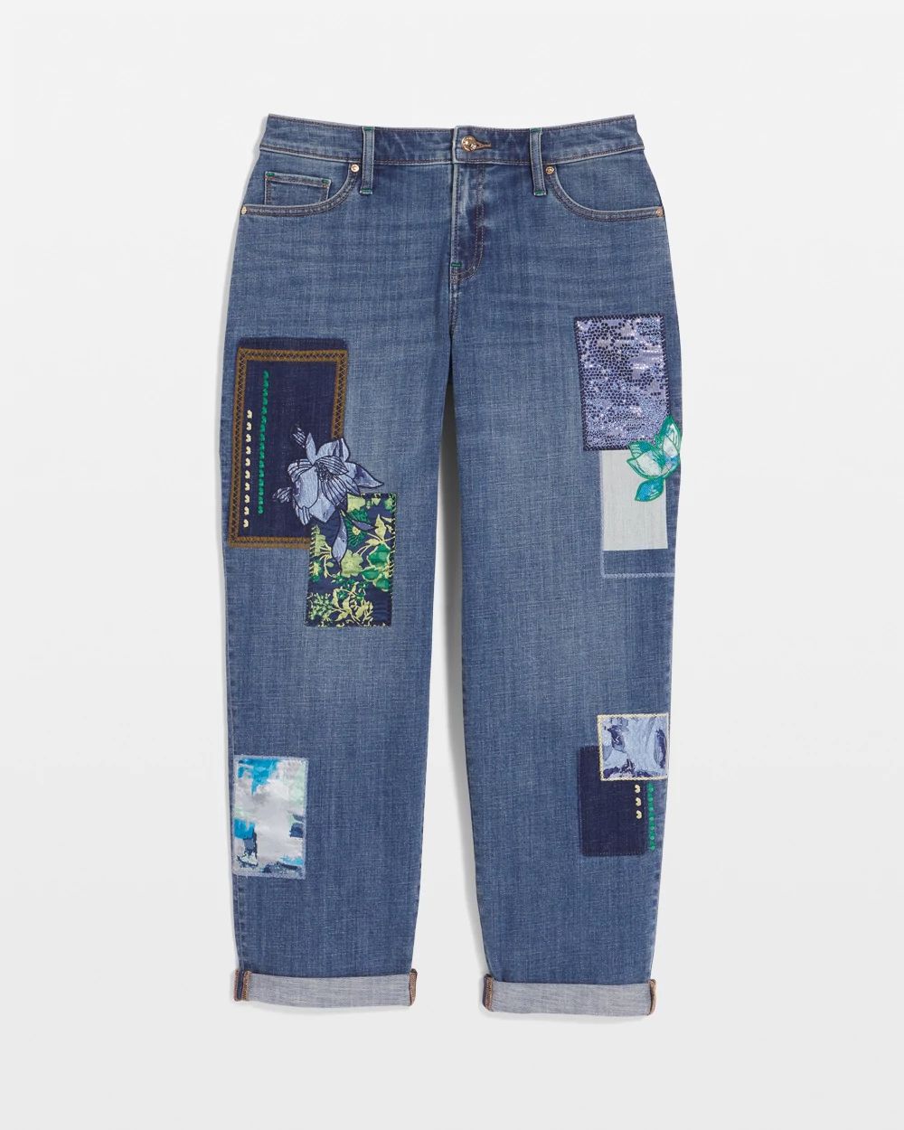 Boyfriend Patchwork Cropped Jeans click to view larger image.