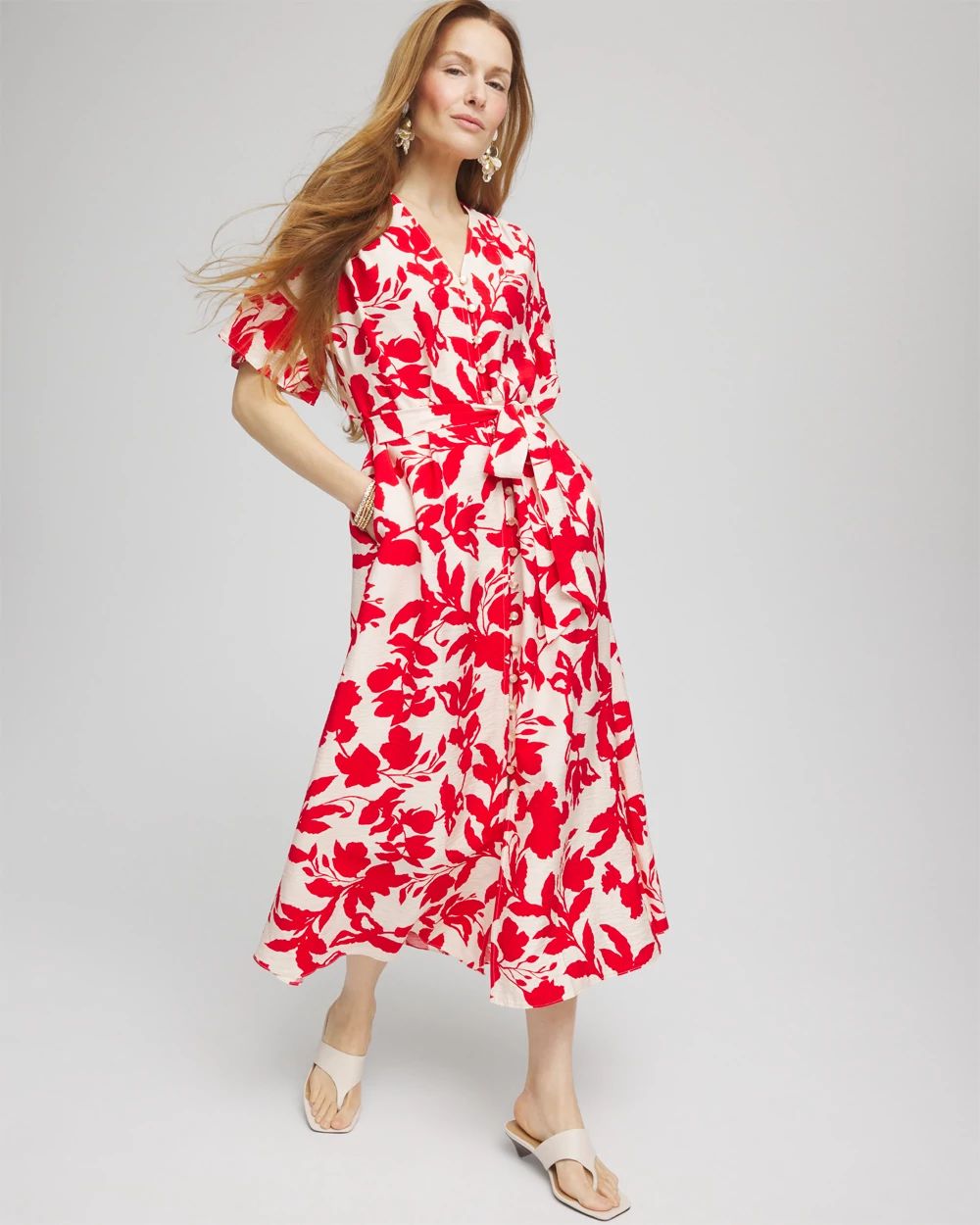 Floral Ruffle-Sleeved Midi Dress click to view larger image.