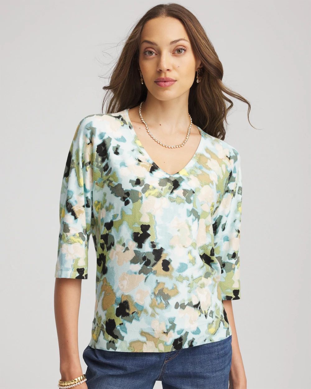 Printed Dolman V-Neck Pullover Sweater