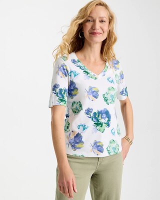Printed Cotton Slub V-Neck Tee