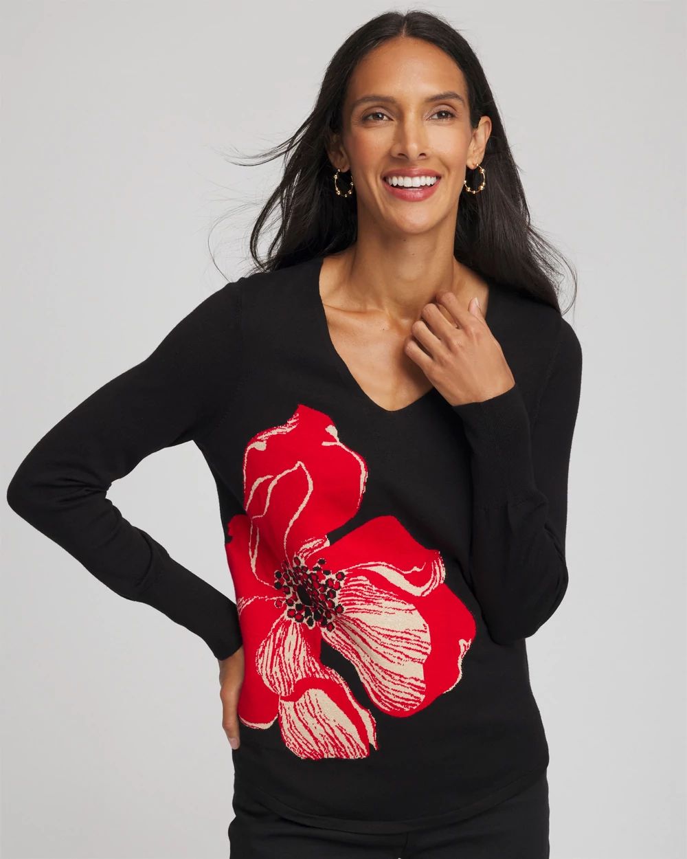 Ella V-Neck Floral Intarsia Sweater