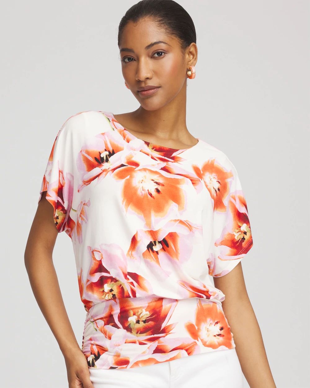 Touch of Cool™ Tropical Ruched Banded Hem Top