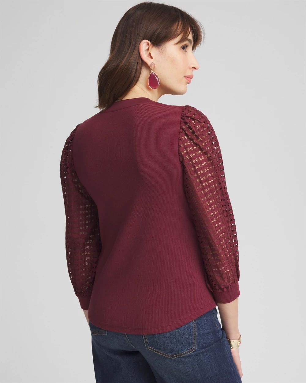 Split Neck Lace Sleeve Top