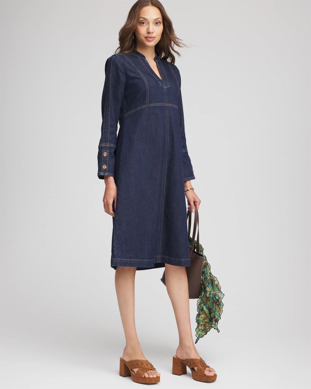 Denim Splitneck Knee-Length Dress click to view larger image.