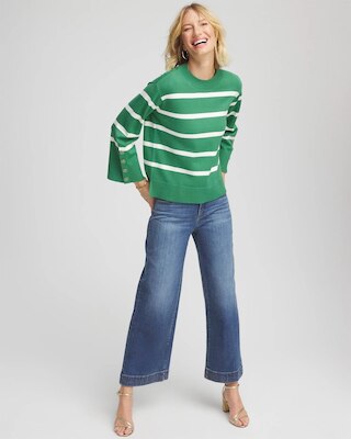 Striped Button Sleeve Crewneck Pullover Sweater click to view larger image.