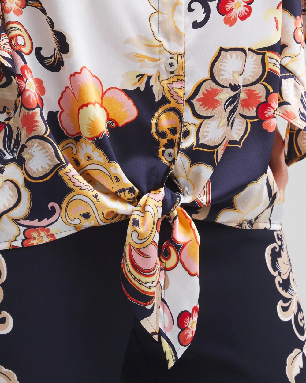 Satin Ruffle Sleeve Tie Front Shirt