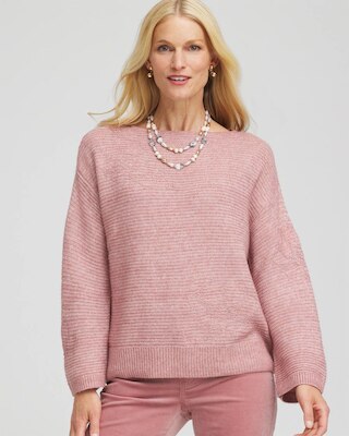 Tonal Embroidered Boatneck Pullover Sweater