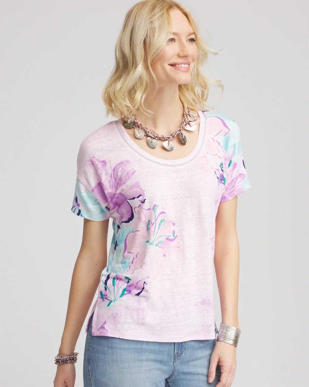 Floral Sweater-Trim Linen Tee
