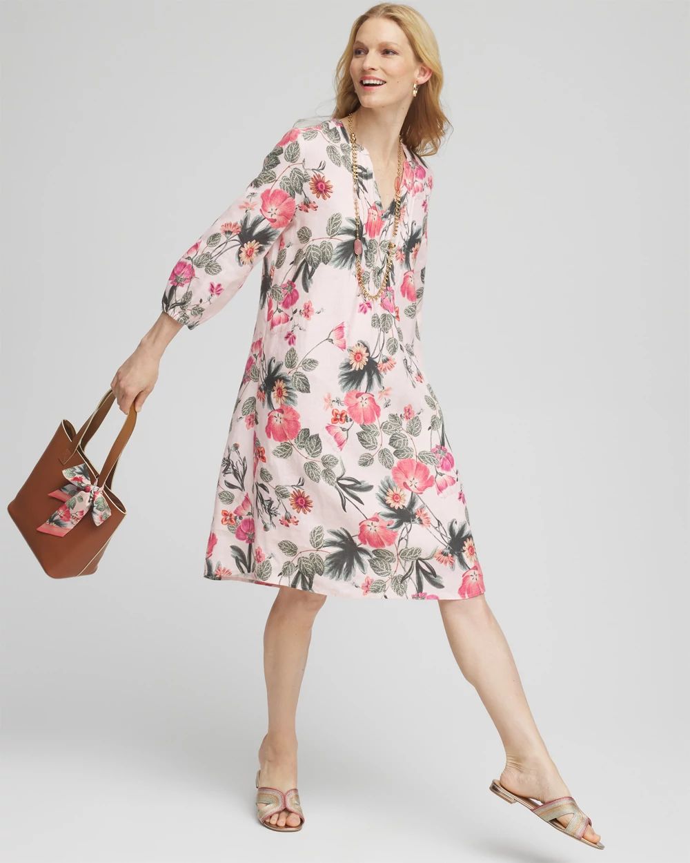 Floral Linen Pintuck 3/4 Sleeved Dress click to view larger image.