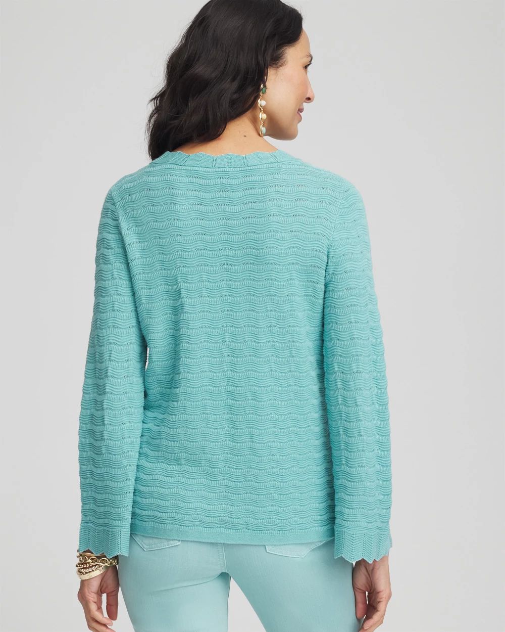 Pointelle Scalloped Hem Flare Sleeve Pullover