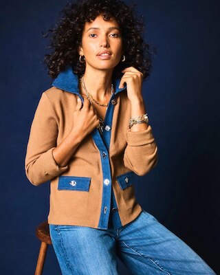 Collared Denim Trim Cardigan click to view larger image.