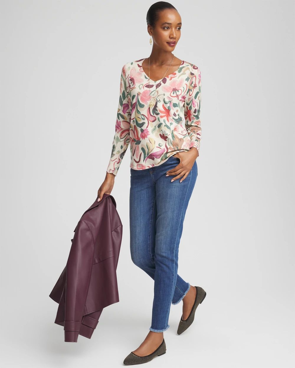 Ella V-Neck Floral Pullover Sweater click to view larger image.