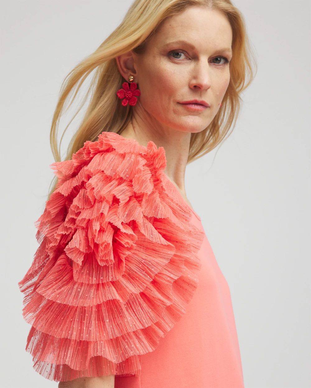 Pleated Tulle-Sleeve Top