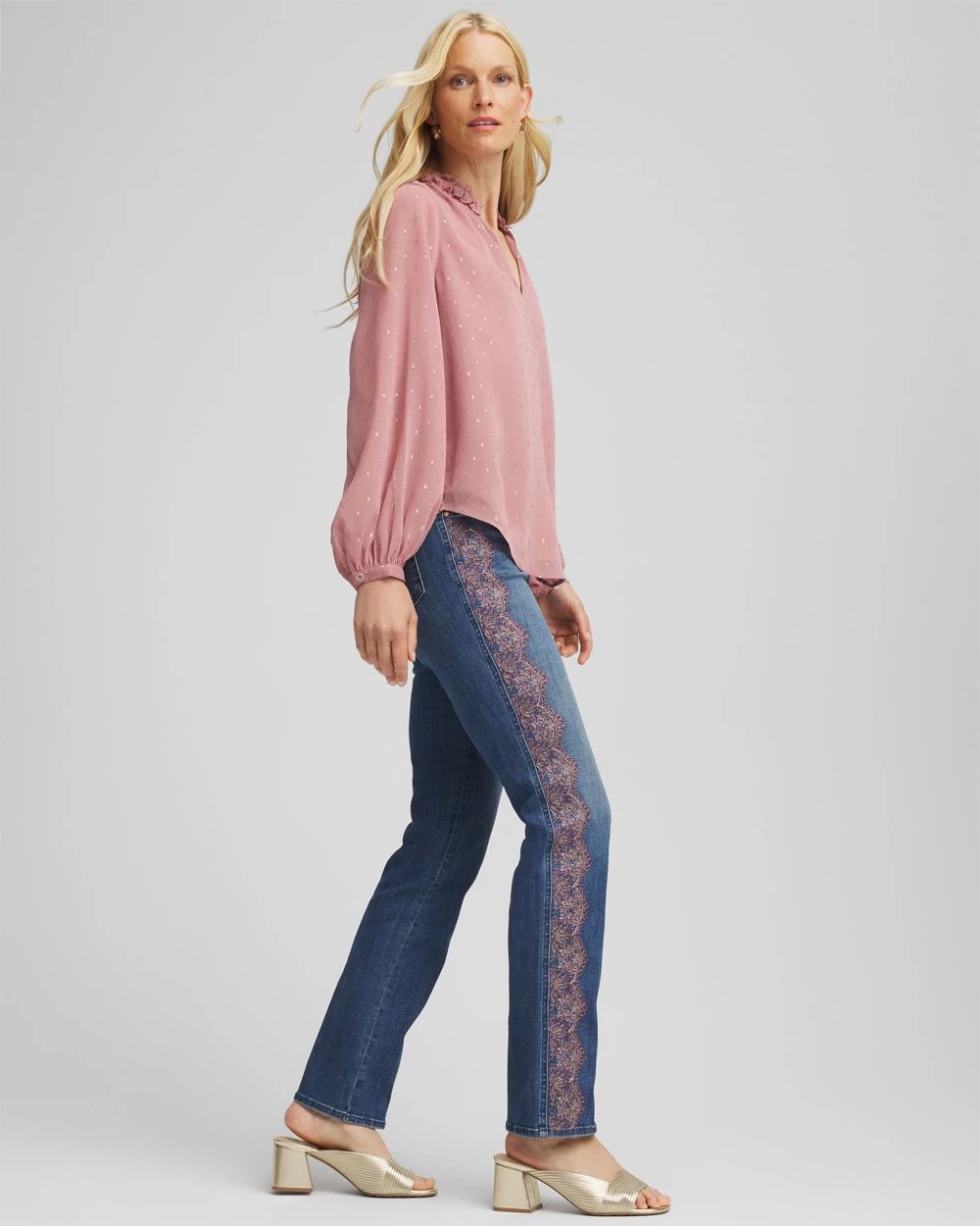 Lace Embroidered Pull-On Straight Jeans click to view larger image.