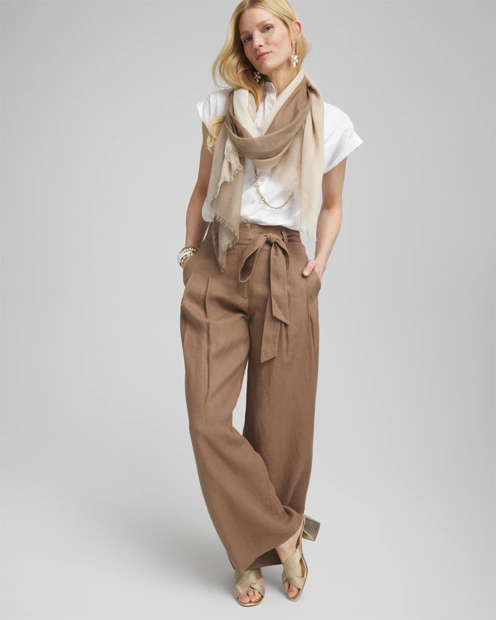 Petite Belted Pleated Wide-Leg Linen Pants