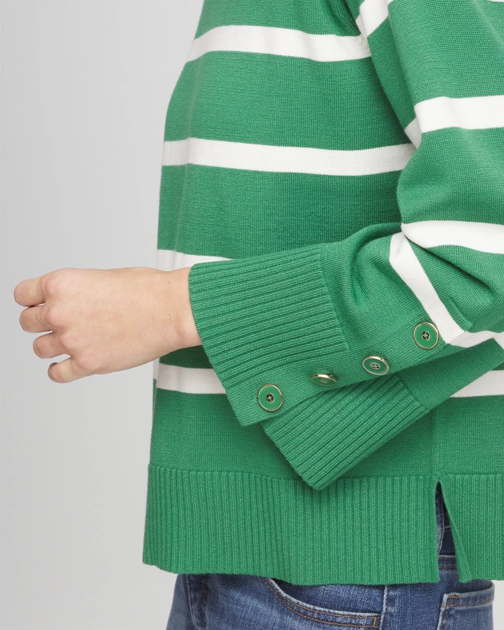 Striped Button Sleeve Crewneck Pullover Sweater