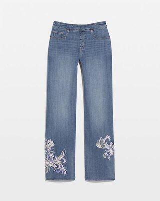 Embroidered Pull-On Wide-Leg Jeans click to view larger image.