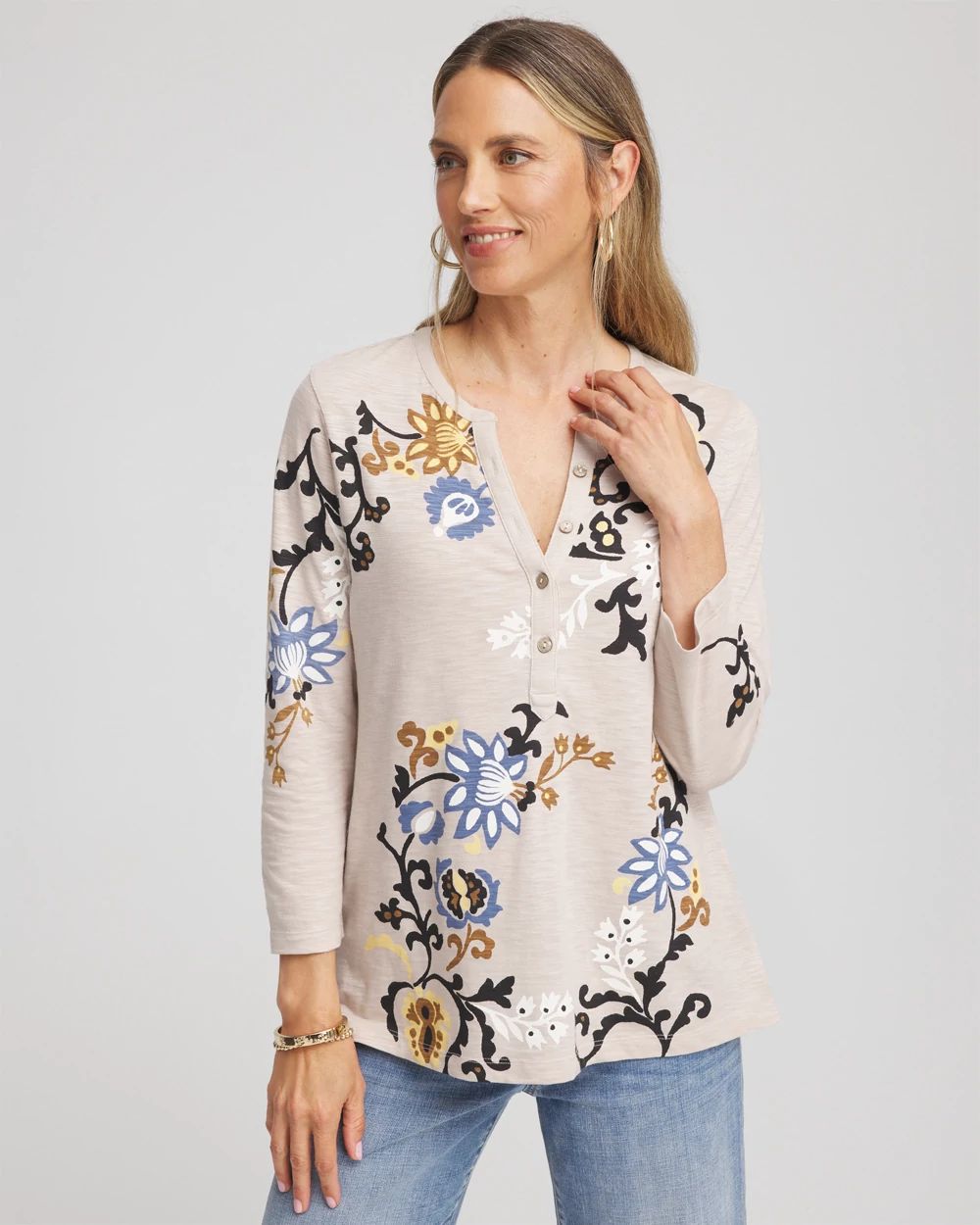 Paisley Cotton-Slub Splitneck Henley