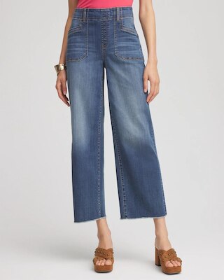 Pull-On Cropped Wide-Leg Frayed Jeans