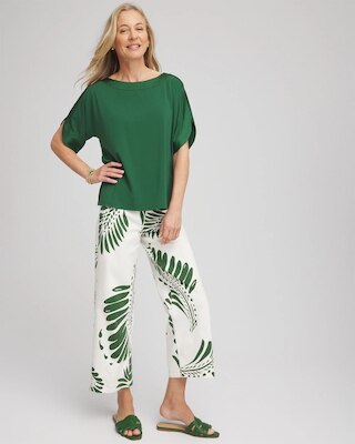 Palm-Frond-Motif Pull-On Wide-Leg Cropped Jeans click to view larger image.