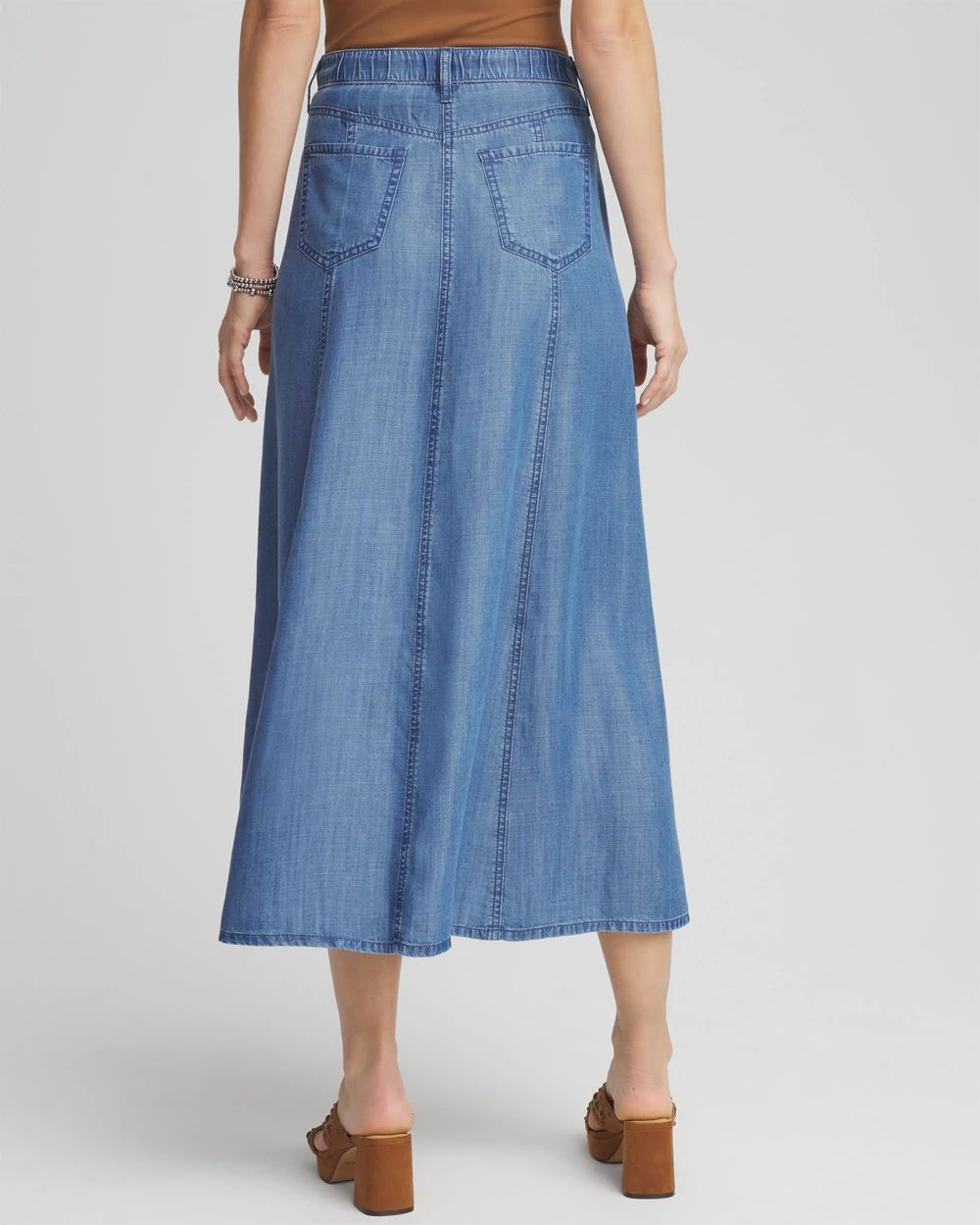Lightweight Denim Fly Front Midi Skirt click to view larger image.