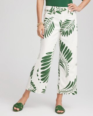 Palm-Frond-Motif Pull-On Wide-Leg Cropped Jeans