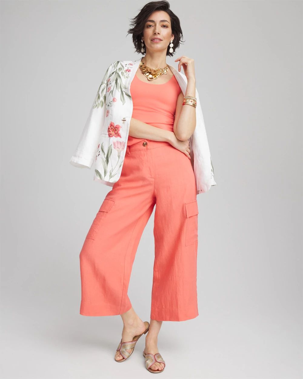 Linen Cargo Wide-Leg Cropped Pants