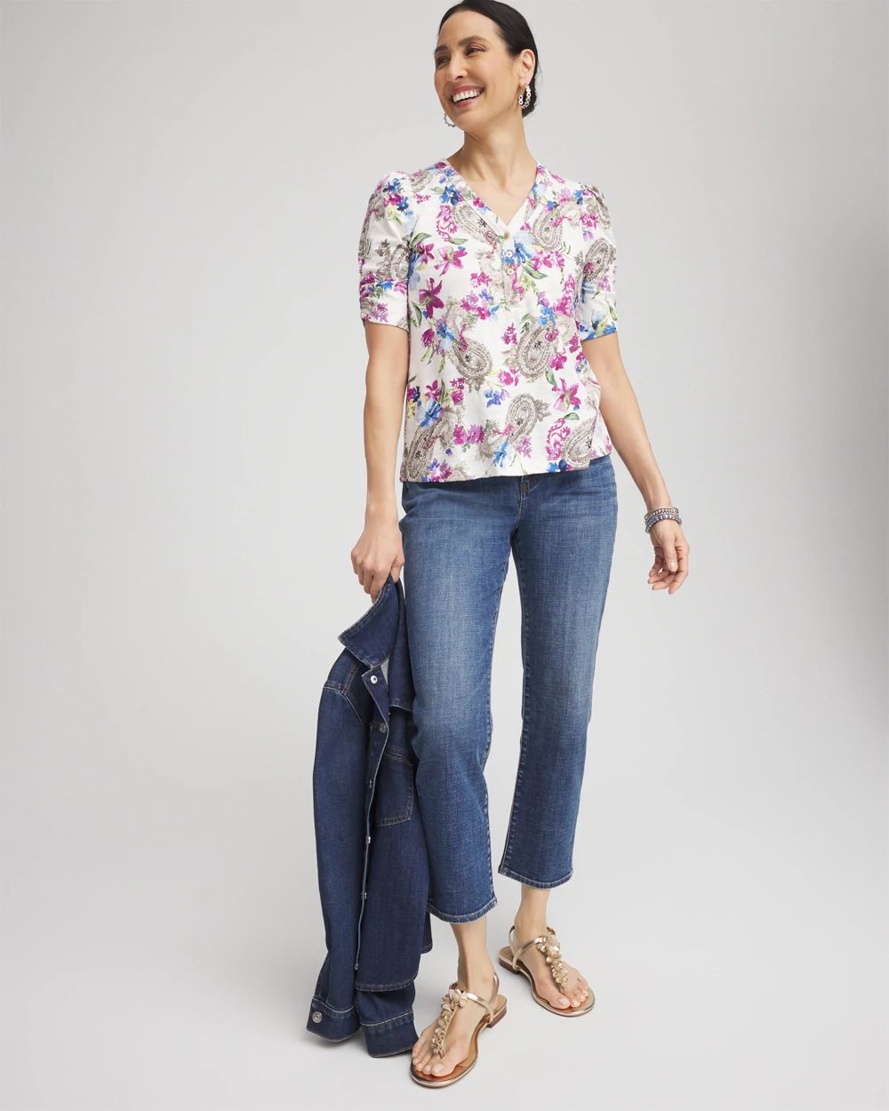 Paisley Shirred-Sleeve Henley Tee