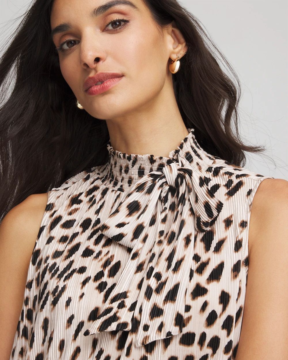 Pleated Smocked Tie-Neck Top