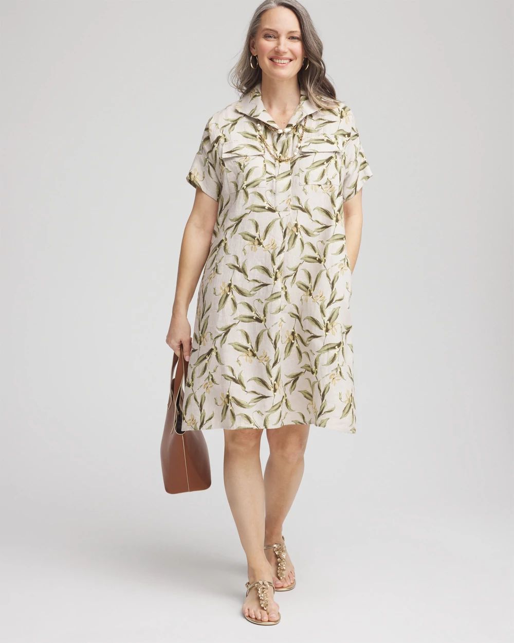 Leaf Print Linen Shirtdress